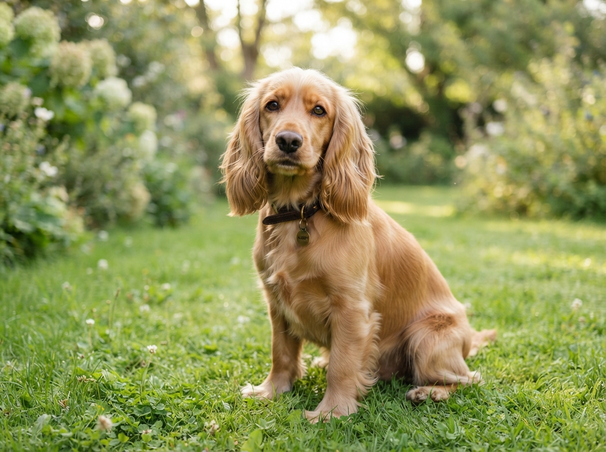 Golden Cocker Spaniel dog sitting in grass, companion animal breed.