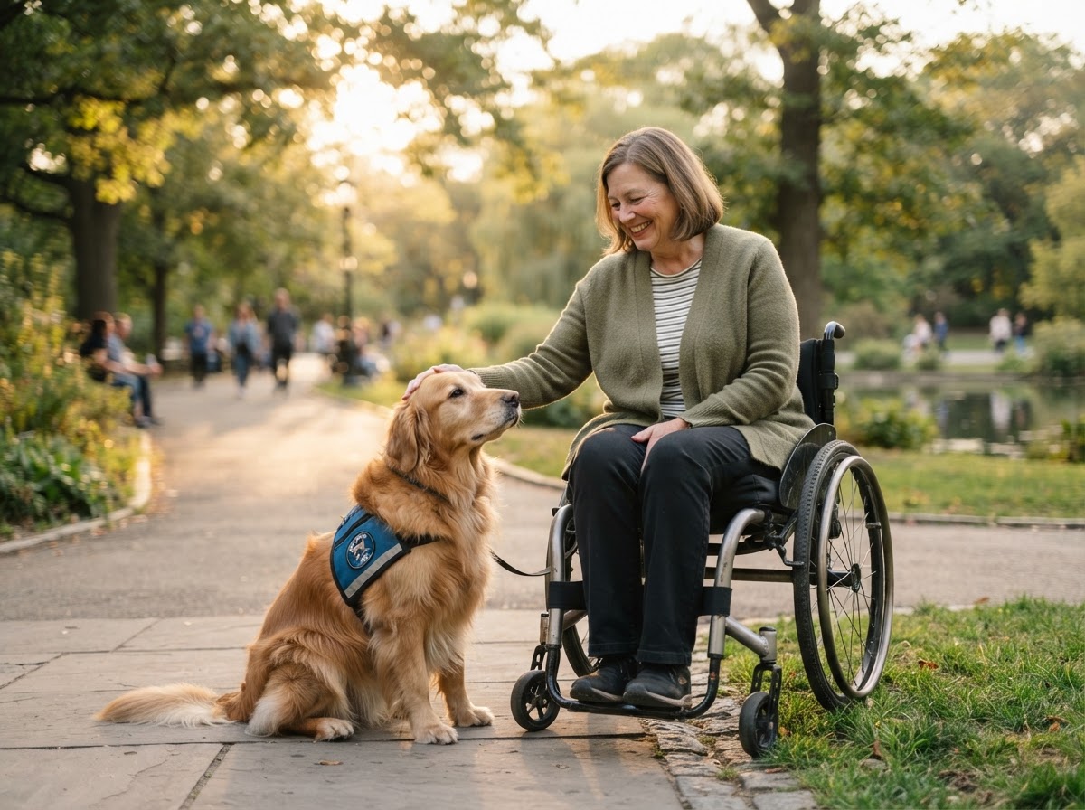 Woman in wheelchair petting Golden Canine ambassador with service vest in park, Golden Green Foundation.