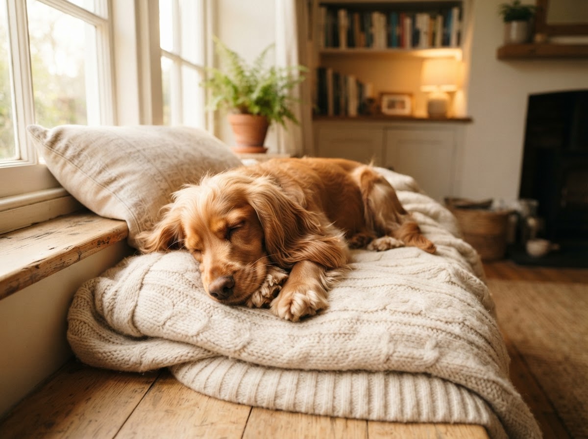 Golden retriever resting comfortably on a window seat, representing canine companionship and comfort.