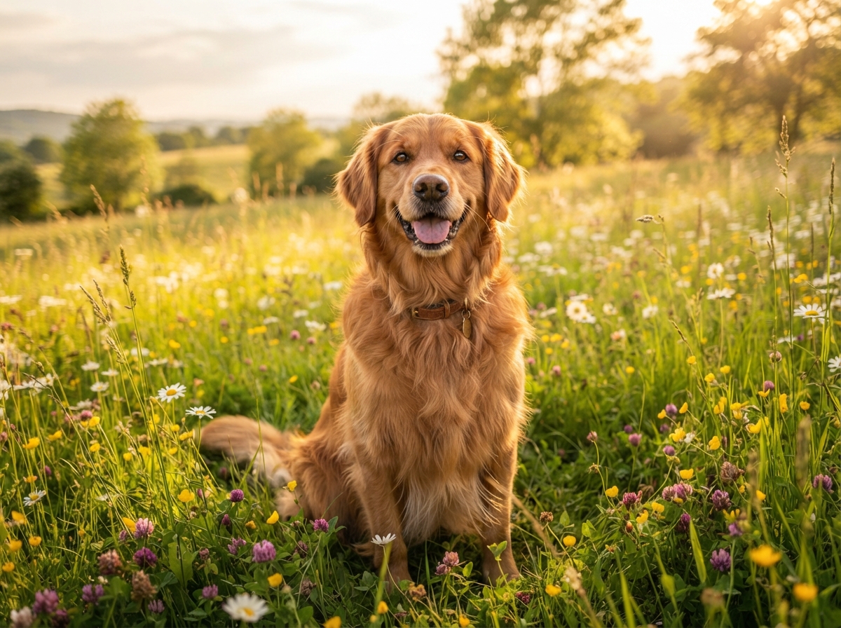 Golden Retriever in a field of wildflowers, representing companion dogs from Golden Green Foundation.