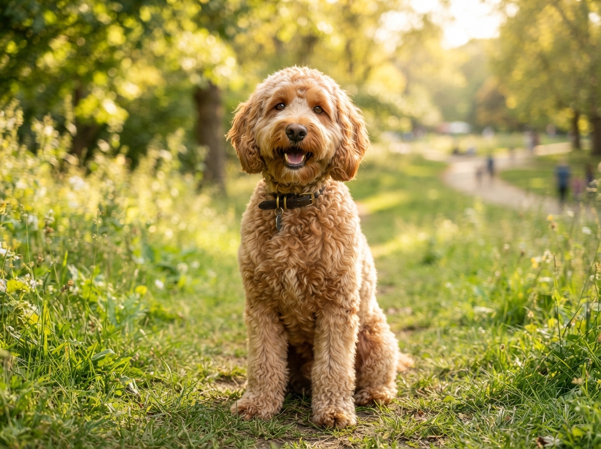 Goldendoodle dog in grassy park, potential companion animal