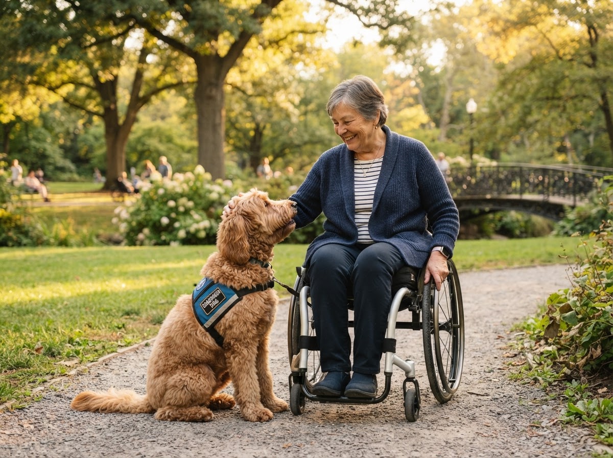 Woman in wheelchair and companion dog in a park, Golden Green Foundation support.