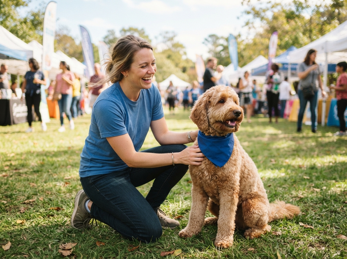 Woman kneeling and petting a Golden Canine companion dog at a community event.