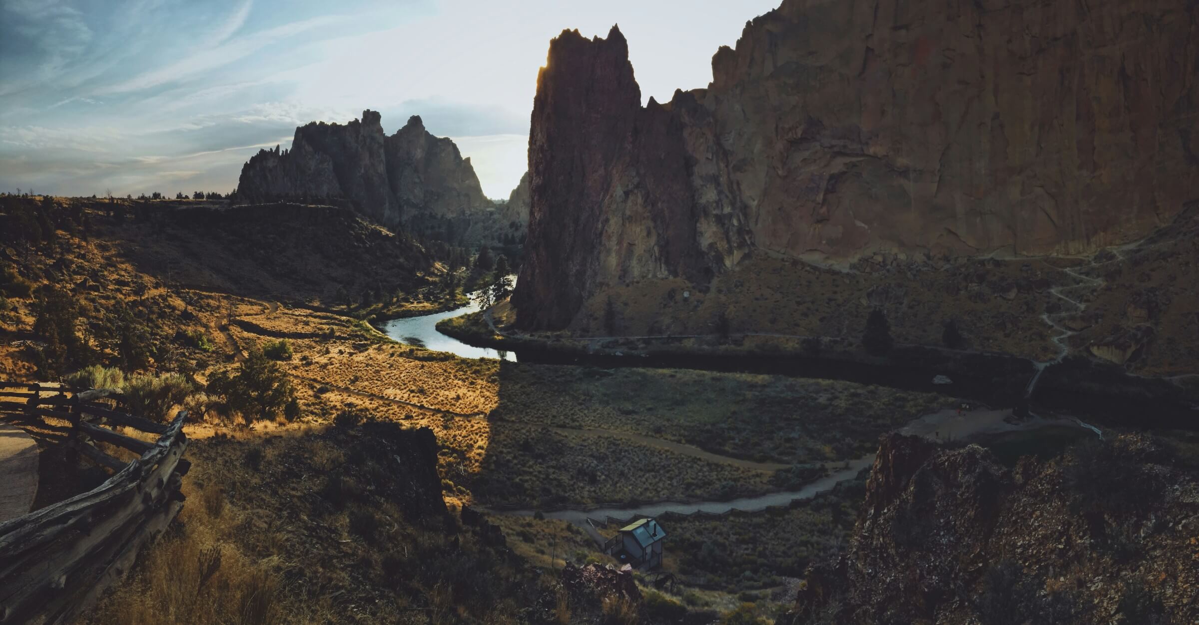 Central Oregon high desert landscape near Bend at golden hour with the Cascade mountains in the distance