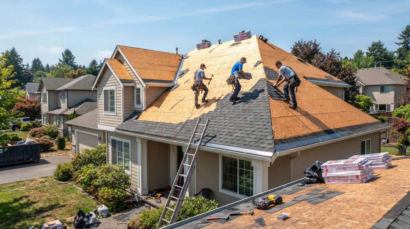 Complete roof replacement in progress on a suburban home with new shingles being installed
