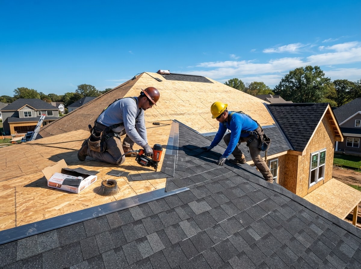 Two roofers installing new architectural shingles on a residential new construction roof