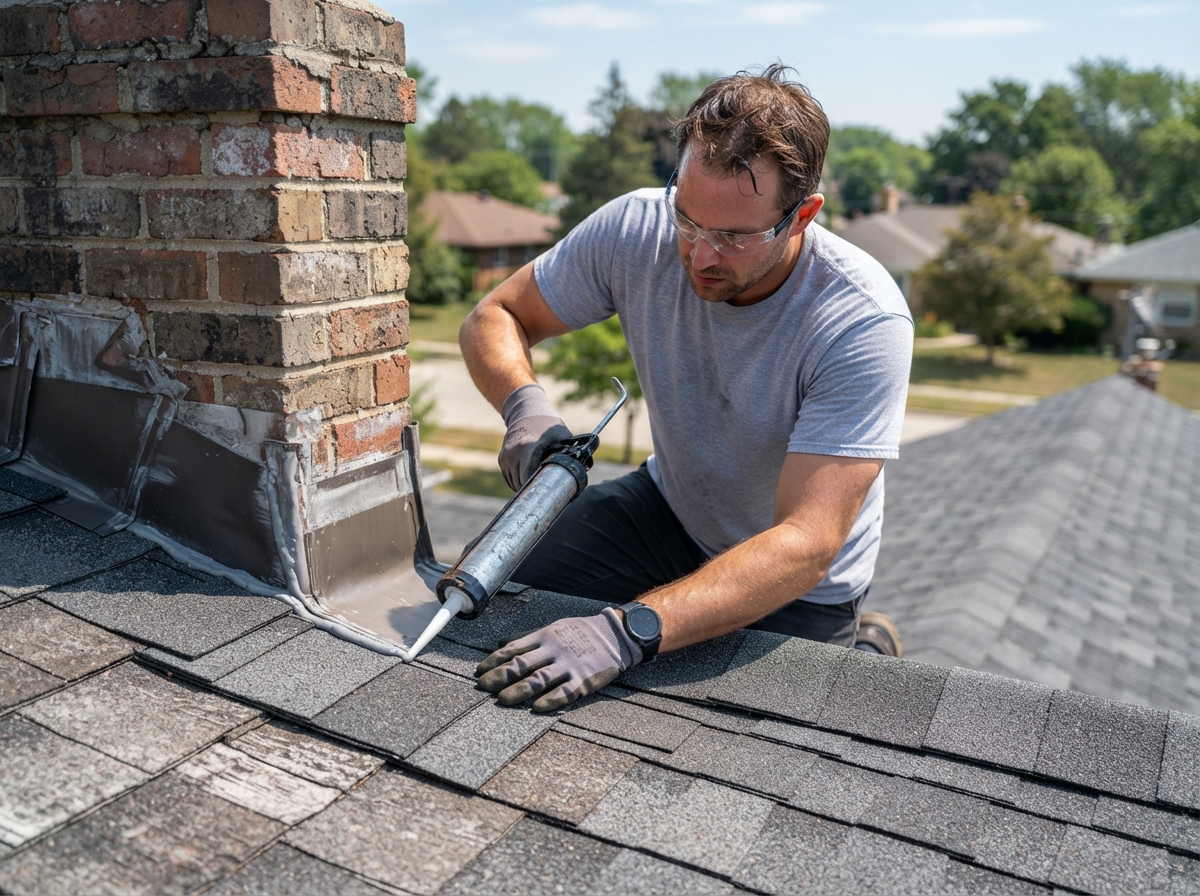 Roofing technician performing precision leak repair around chimney flashing