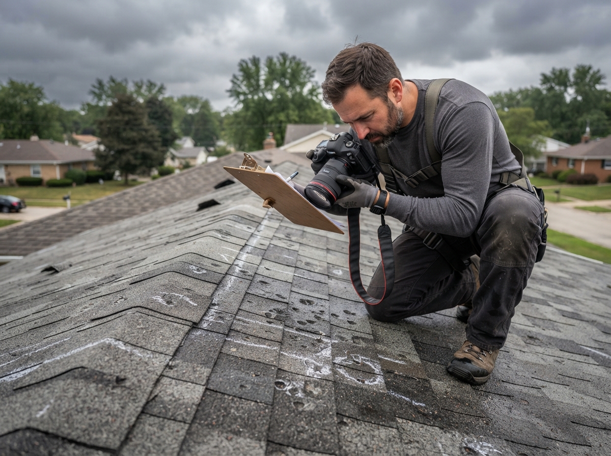 Roofing inspector examining storm damage on shingles for insurance claim documentation