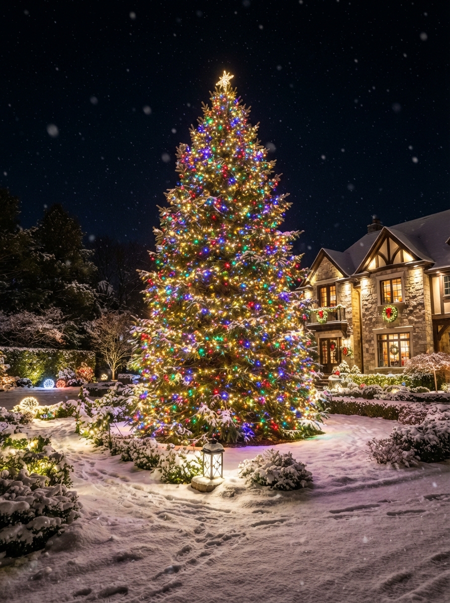 Outdoor tree wrapping with mini-LED Christmas lights