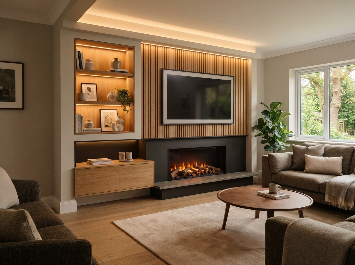 Custom media wall with oak slatted panels, integrated electric fire and LED lighting in a New Forest home