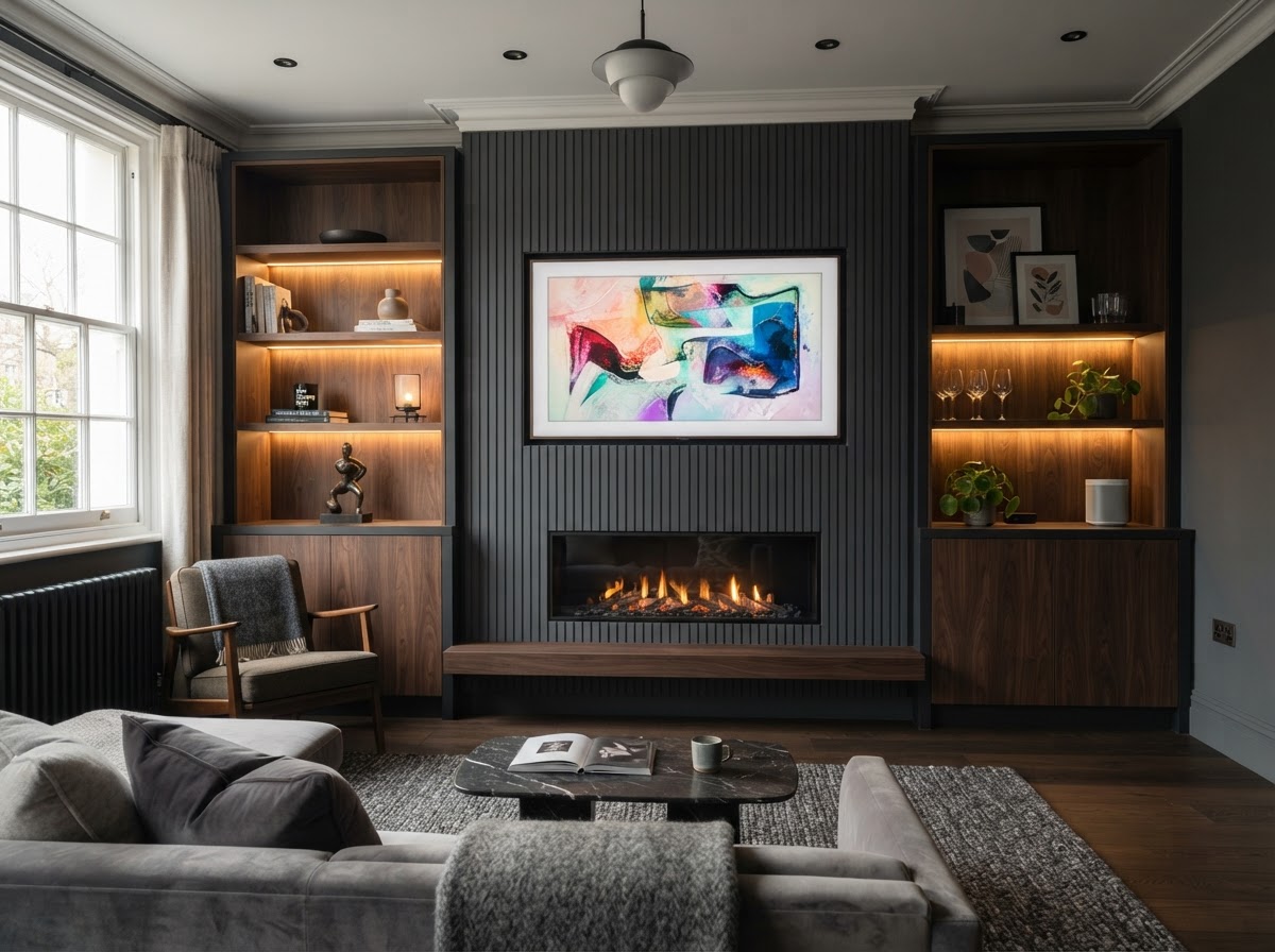 Modern media wall with recessed TV, linear electric fire and built-in shelving by Ablaze Fireplaces