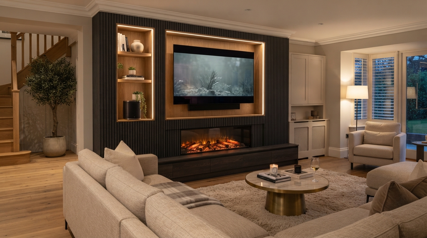 Bespoke media wall with integrated TV and electric fire installed in Lymington by Ablaze Fireplaces