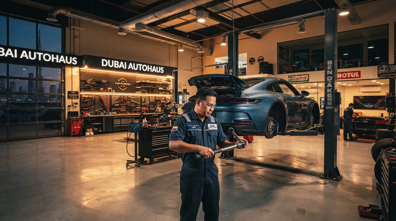 Pinoy Auto Garage workshop in Dubai with a car on the lift