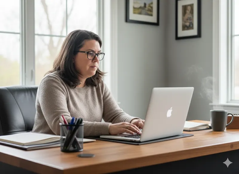 Robyn LeBreton, founder of REaL Books, working at her desk reviewing small business financial records