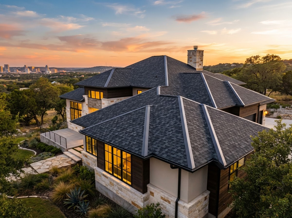 Premium charcoal architectural shingle roof on an Austin Texas home at golden hour