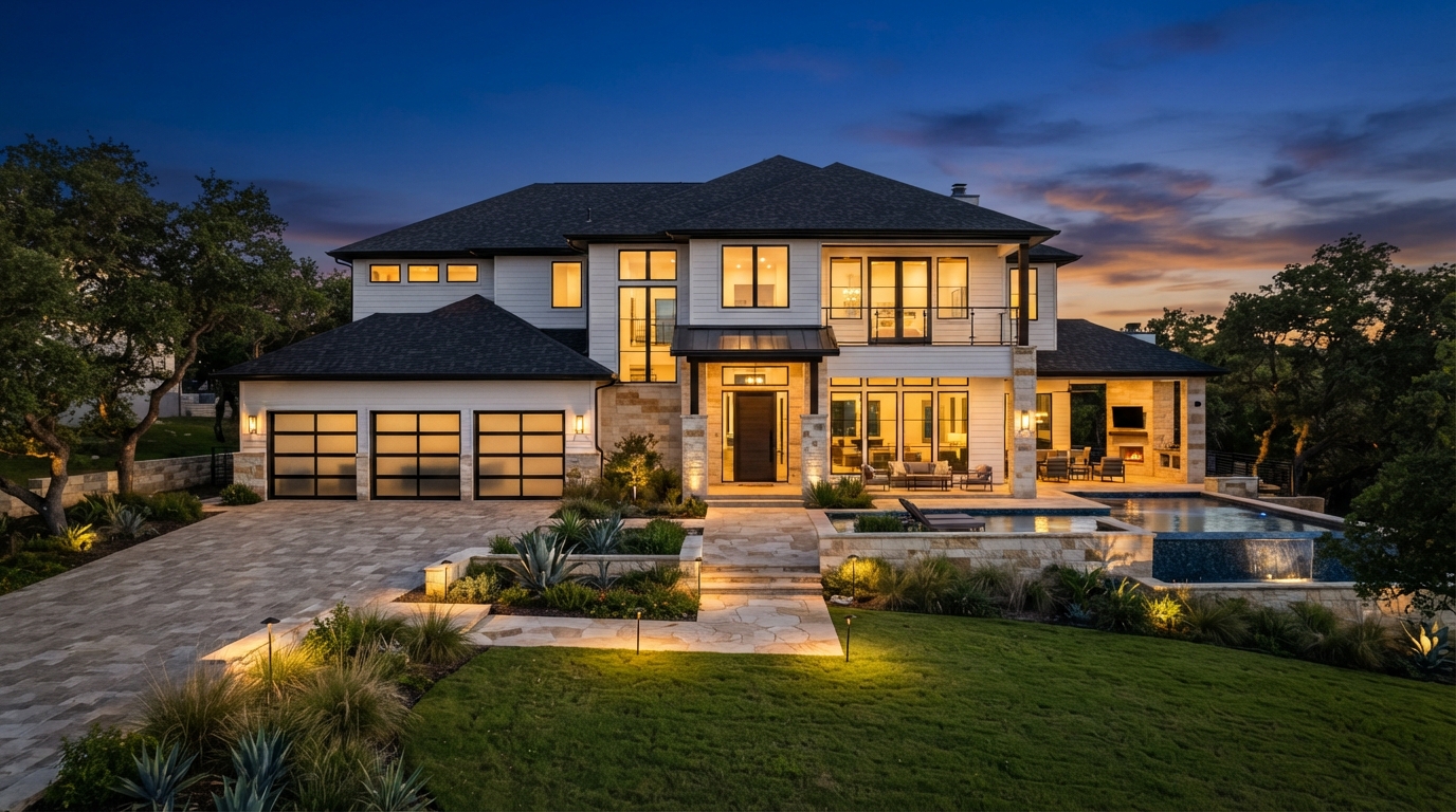 Modern Austin Texas home with new architectural shingle roof at dusk