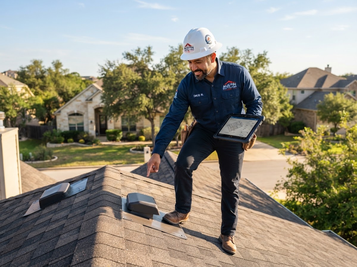 Hometown Roofing ATX contractor inspecting a residential roof with a tablet