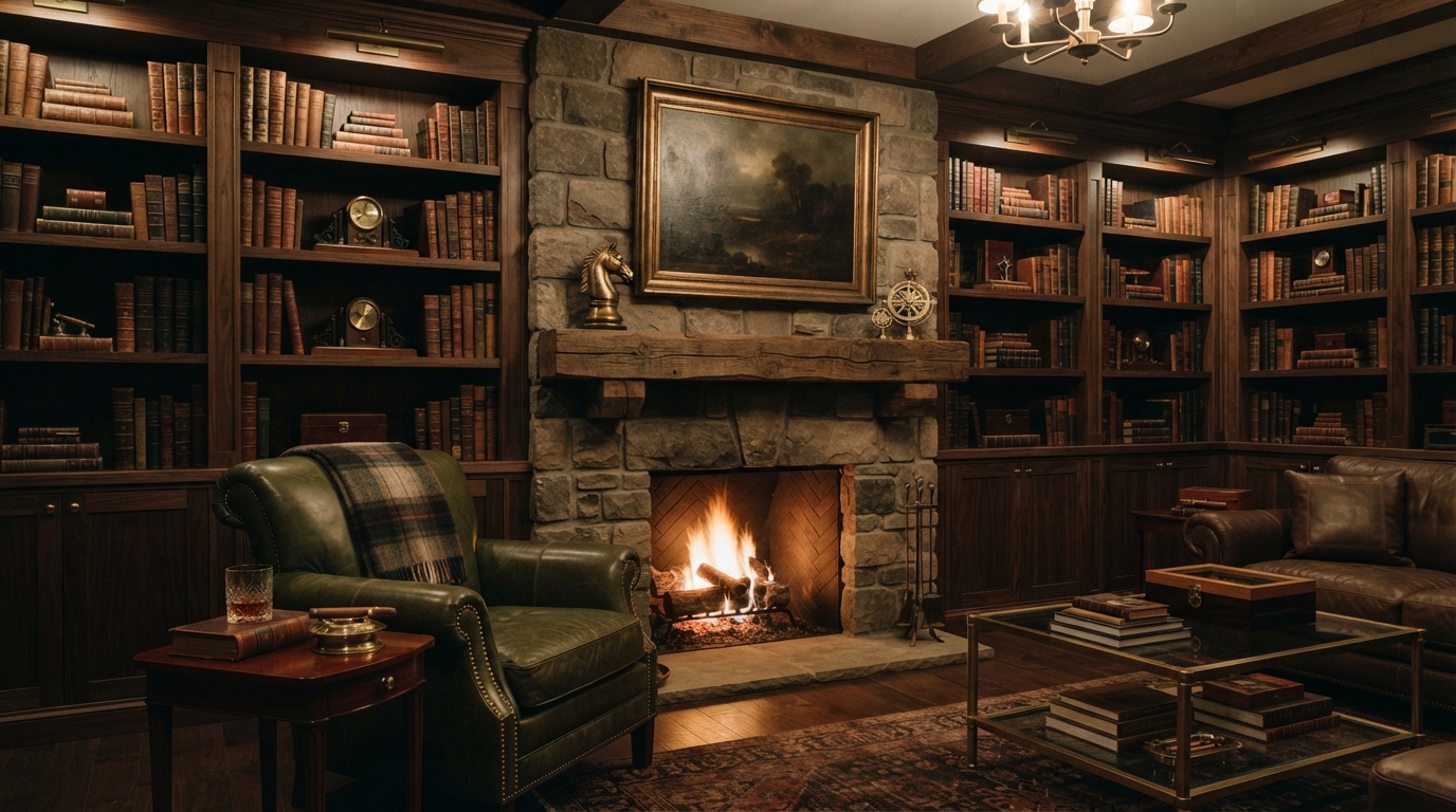 A warm private study with dark walnut shelving, brass accents, and a green leather club chair
