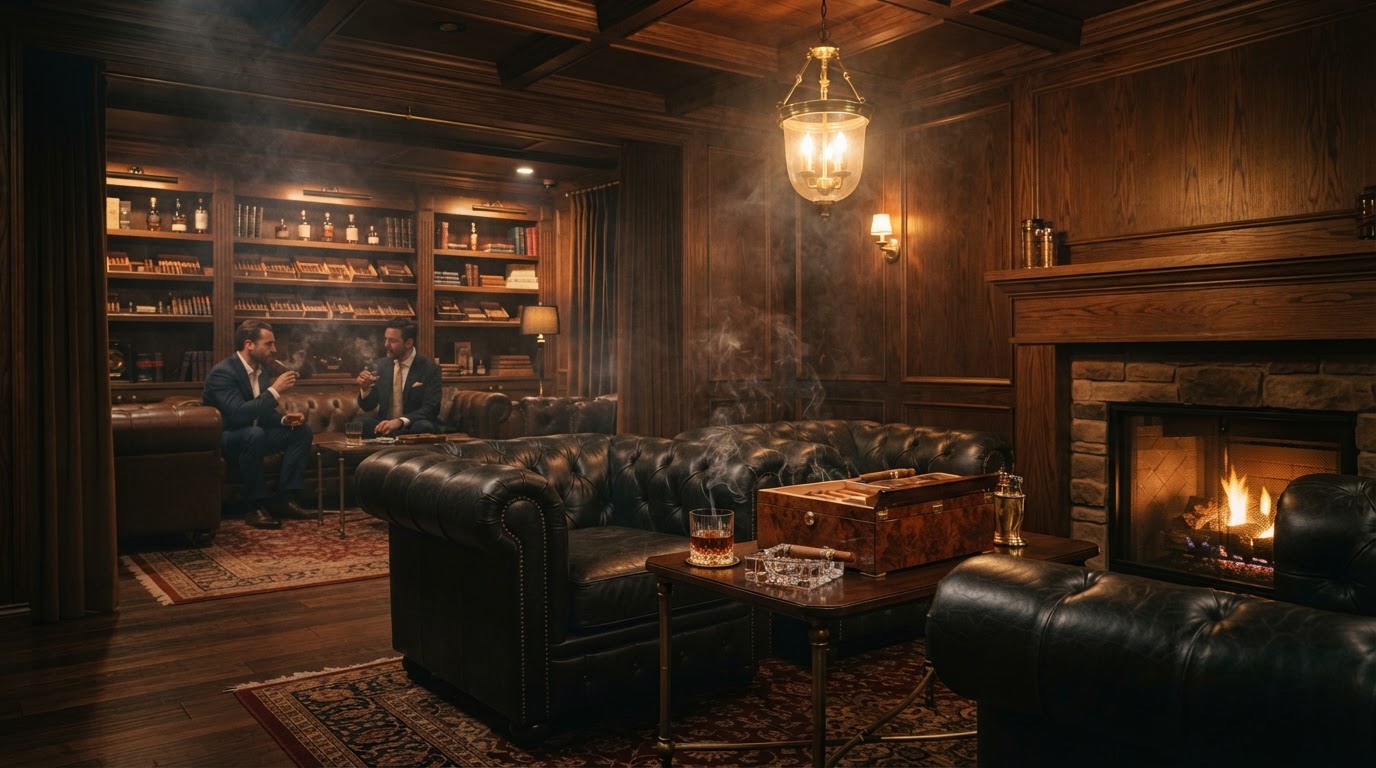 A luxurious private cigar lounge with warm brass lighting, leather seating, and dark walnut paneling
