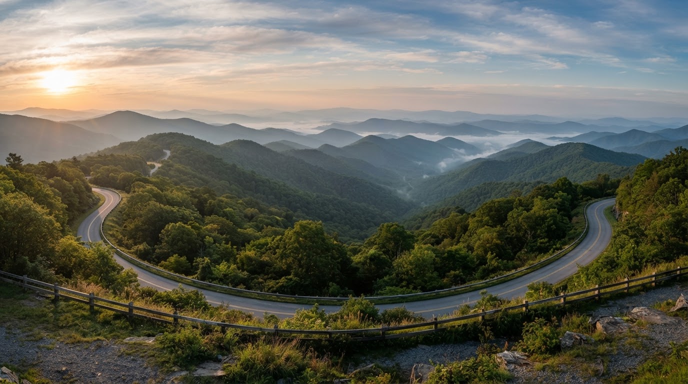 Cherohala Skyway overlook with layered mountain ridges in Monroe County, Tennessee.