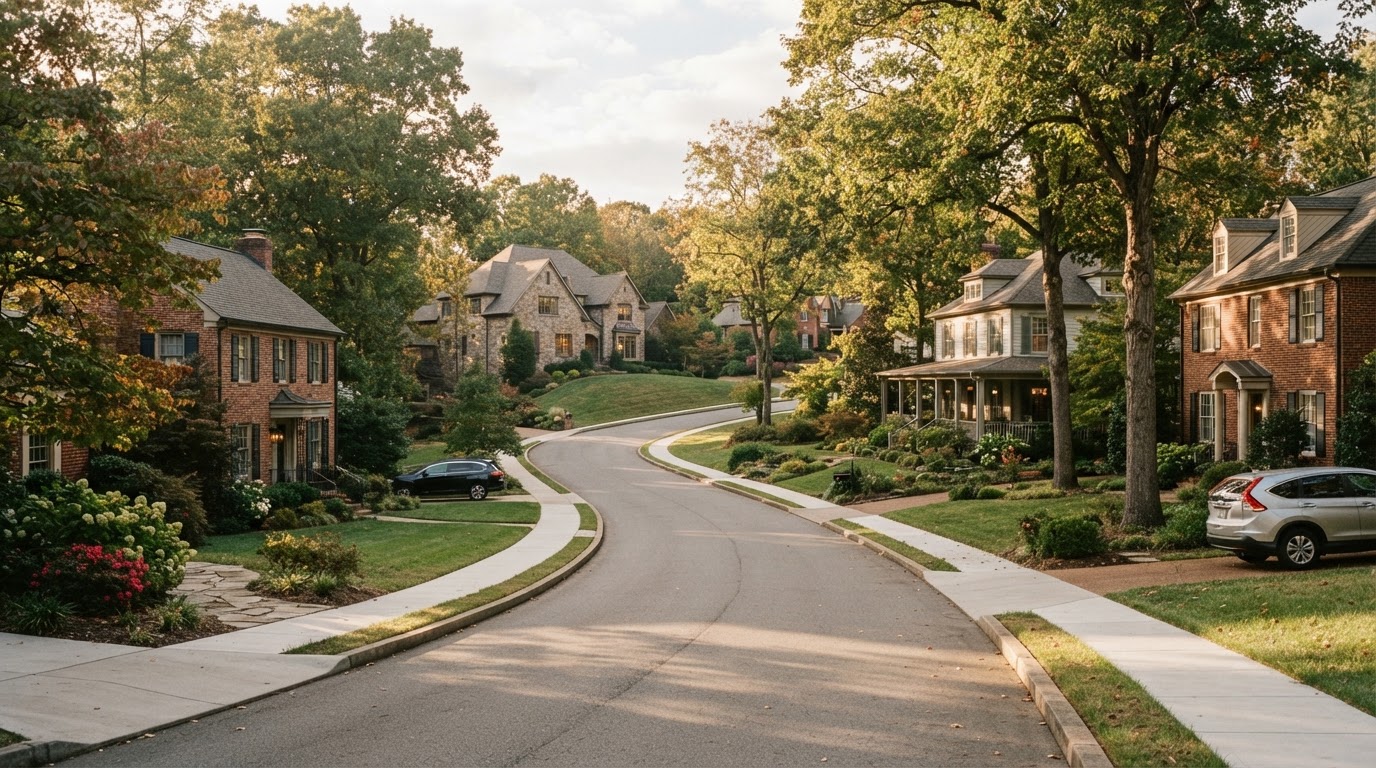 Homes, mature landscaping and rolling terrain in the Farragut area of Knox County.