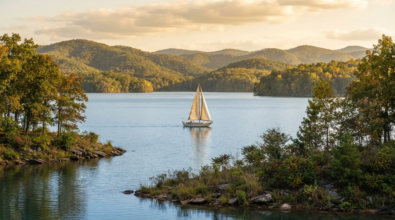 Tellico Lake shoreline with a sailboat and wooded hills in Loudon County, Tennessee.
