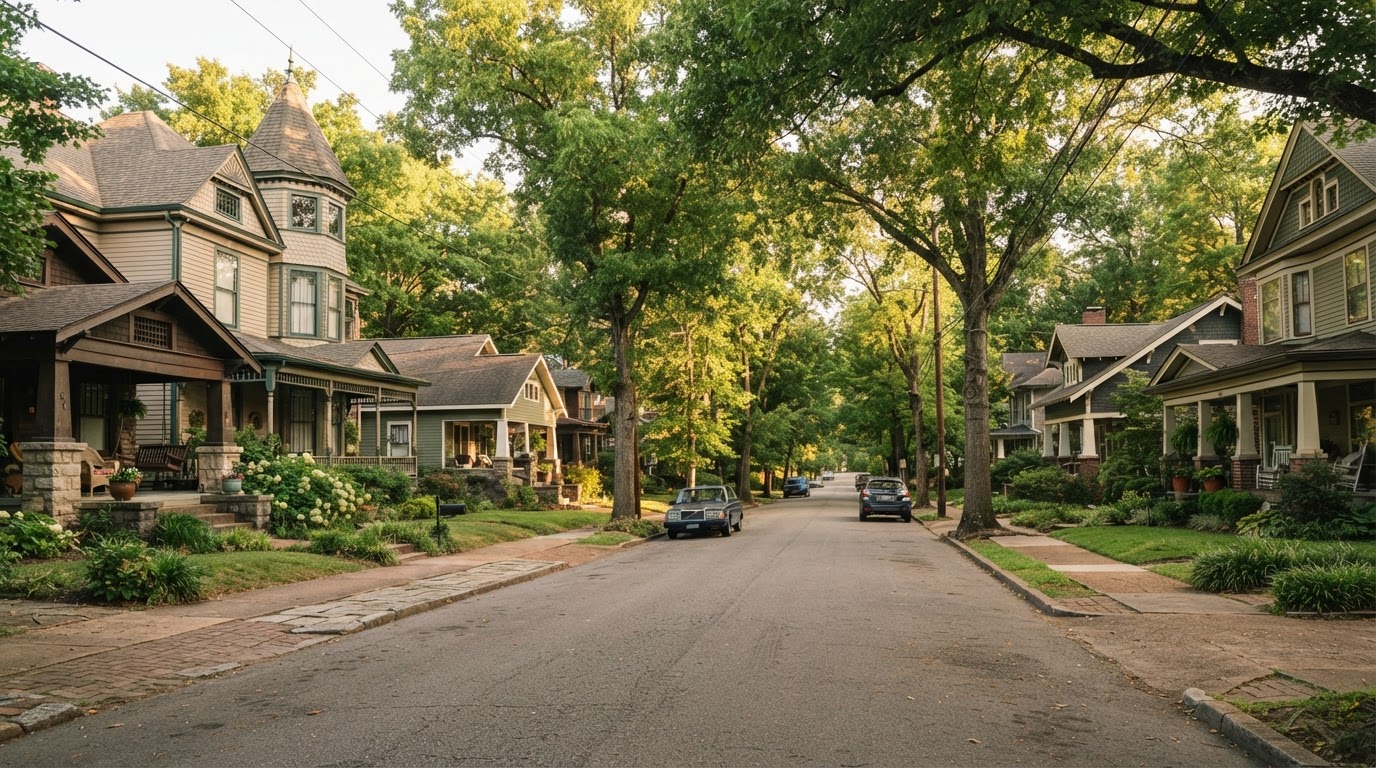Historic and established homes along tree-lined streets in North Knoxville.