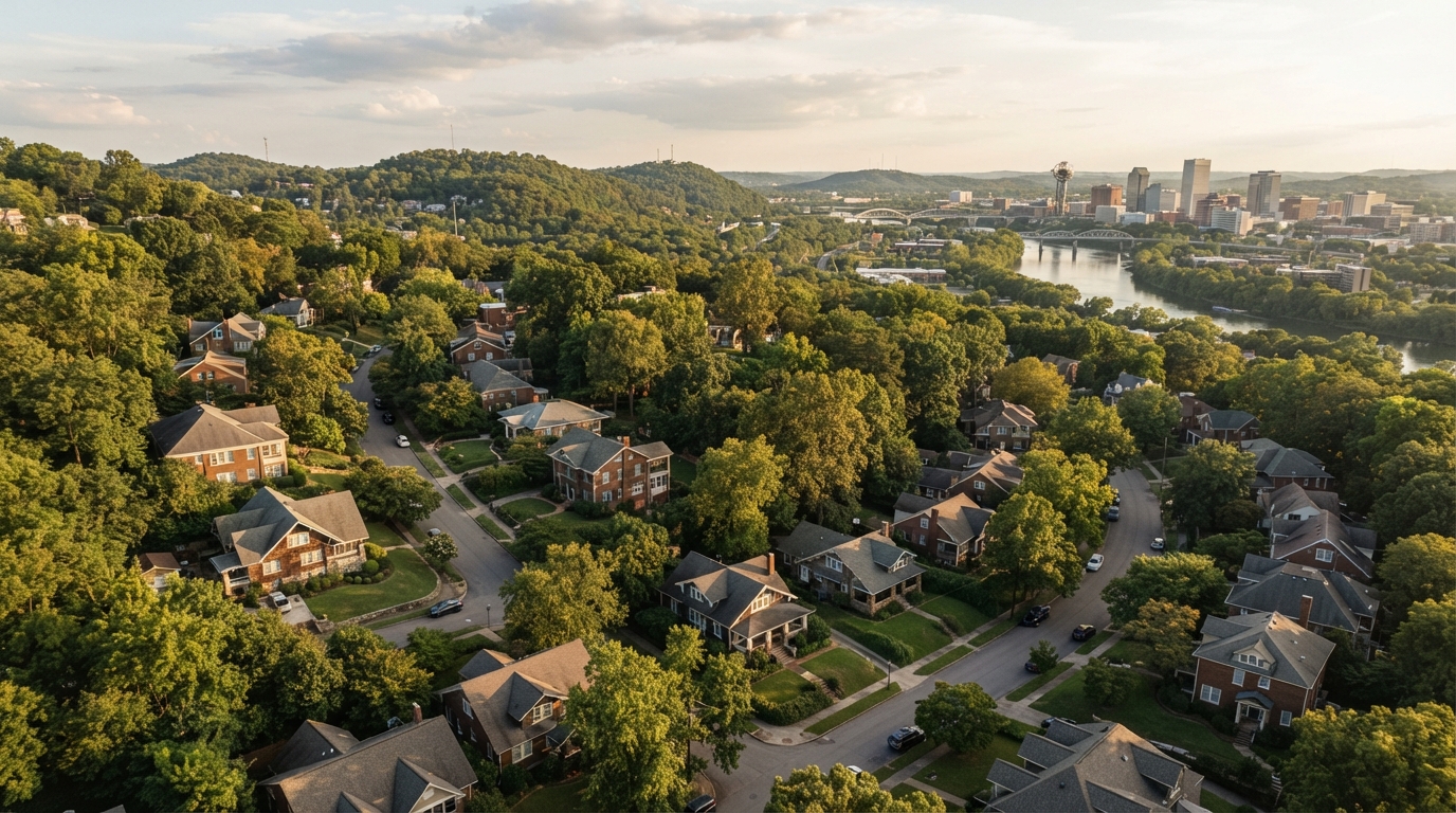 Established homes and wooded terrain in South Knoxville near the Tennessee River.