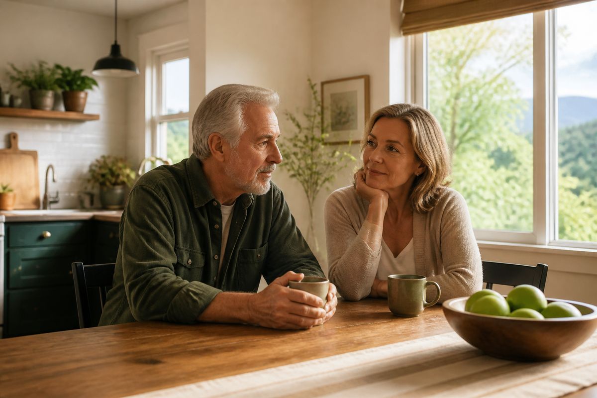 A couple having an honest conversation at their kitchen table