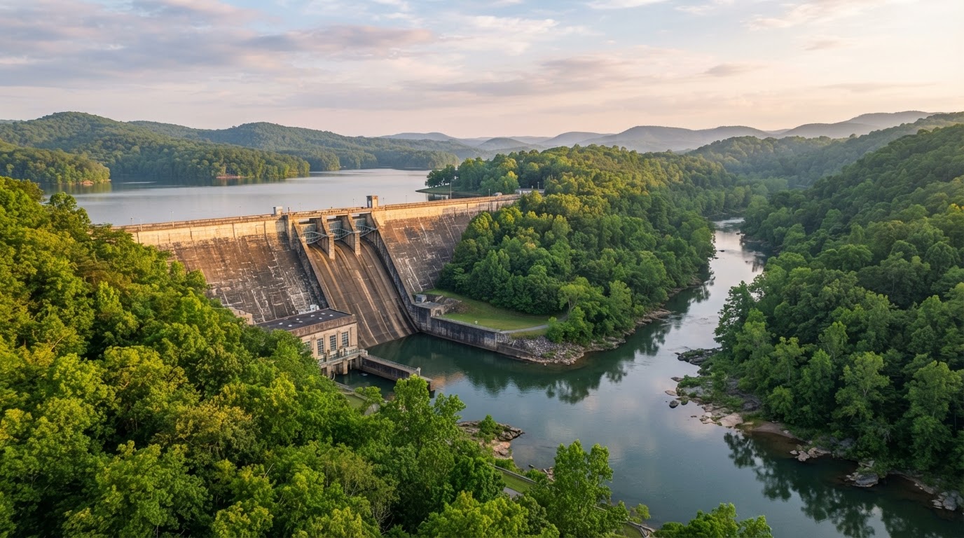 Norris Dam spanning the Clinch River with forested hills in Anderson County, Tennessee.