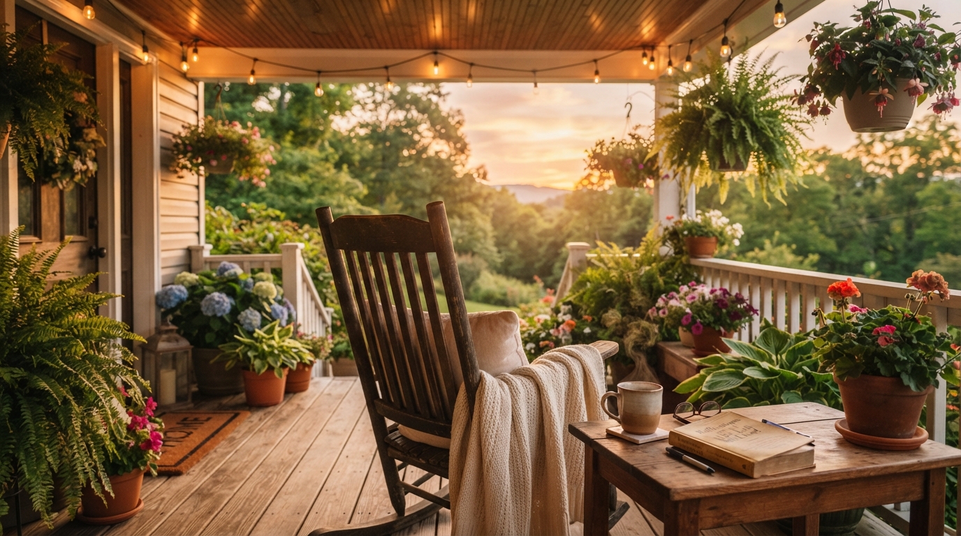 A warm, inviting Tennessee front porch at golden hour