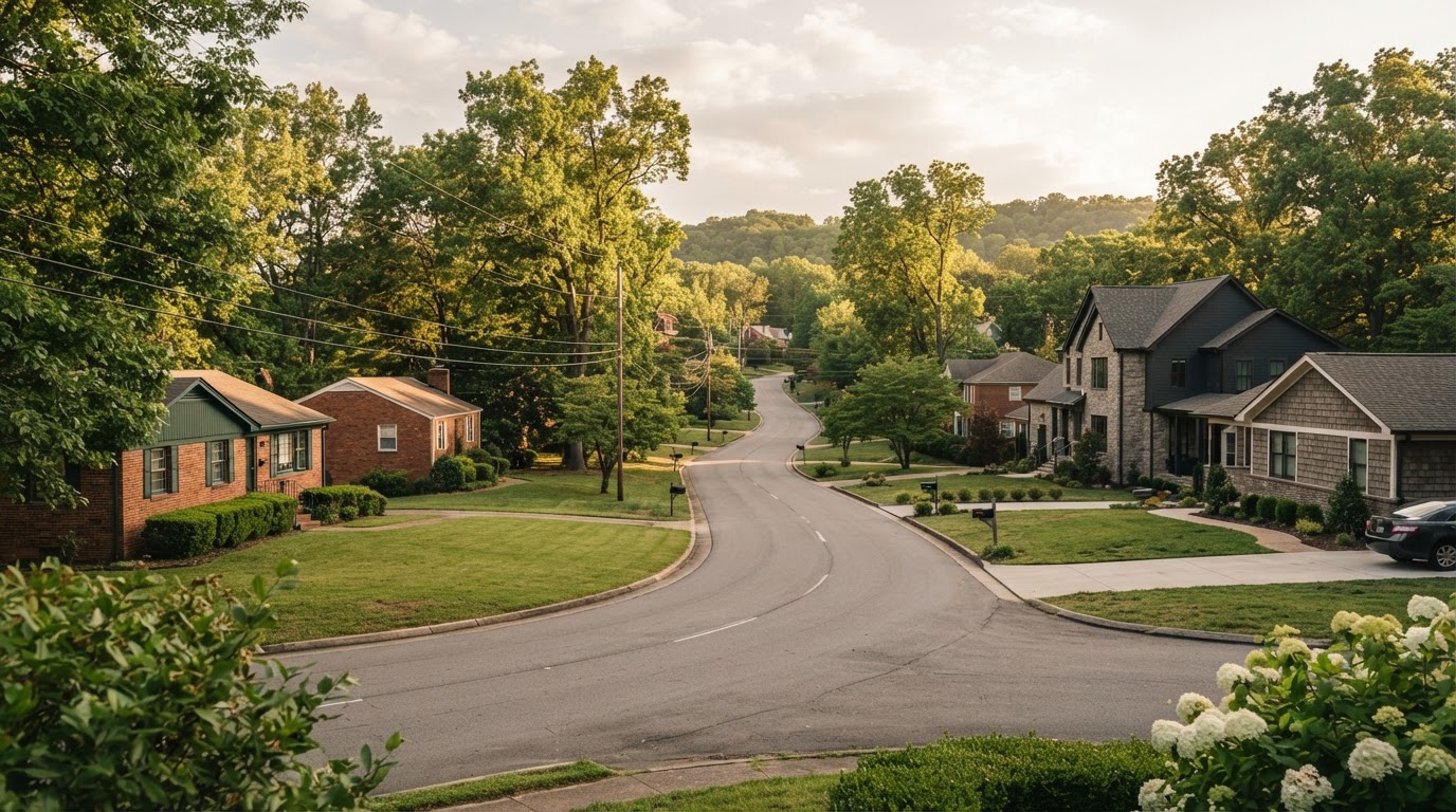 Tree-lined West Knoxville residential streets with mature hardwoods near Cedar Bluff.