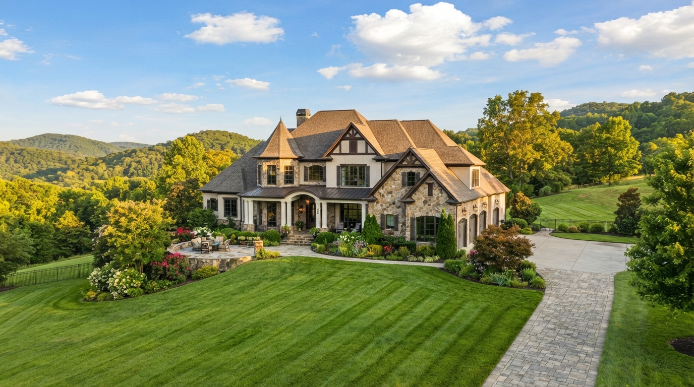 A refined East Tennessee residence set against rolling foothills at golden hour