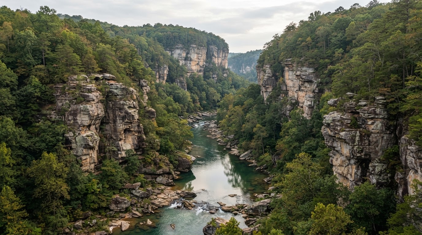 Emory River gorge and sandstone cliffs at the Obed in Morgan County, Tennessee.