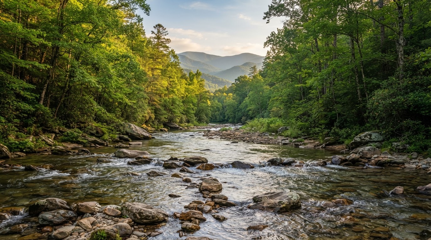 Little River near Townsend with a Smoky Mountain ridge in Blount County, Tennessee.
