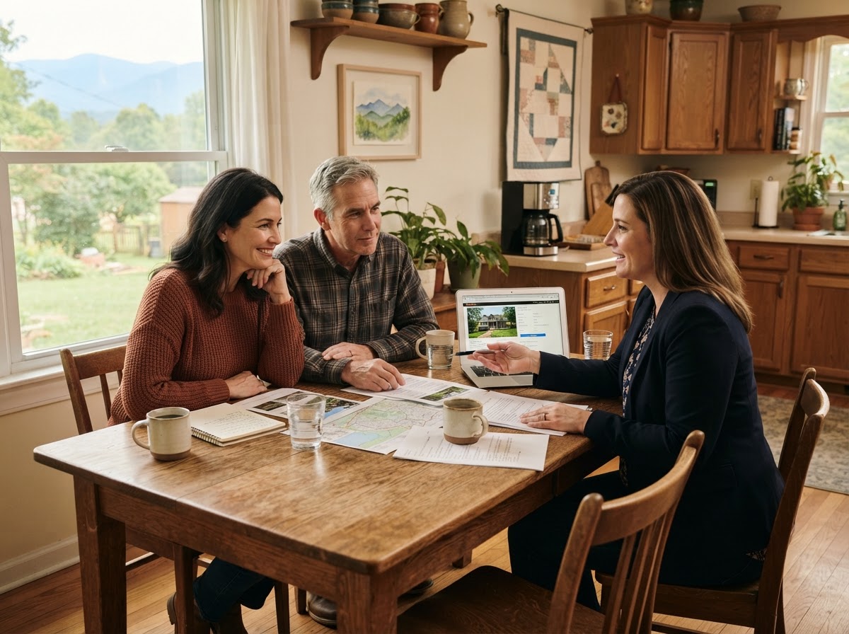 Denise talking with a couple at their kitchen table about their home and next chapter