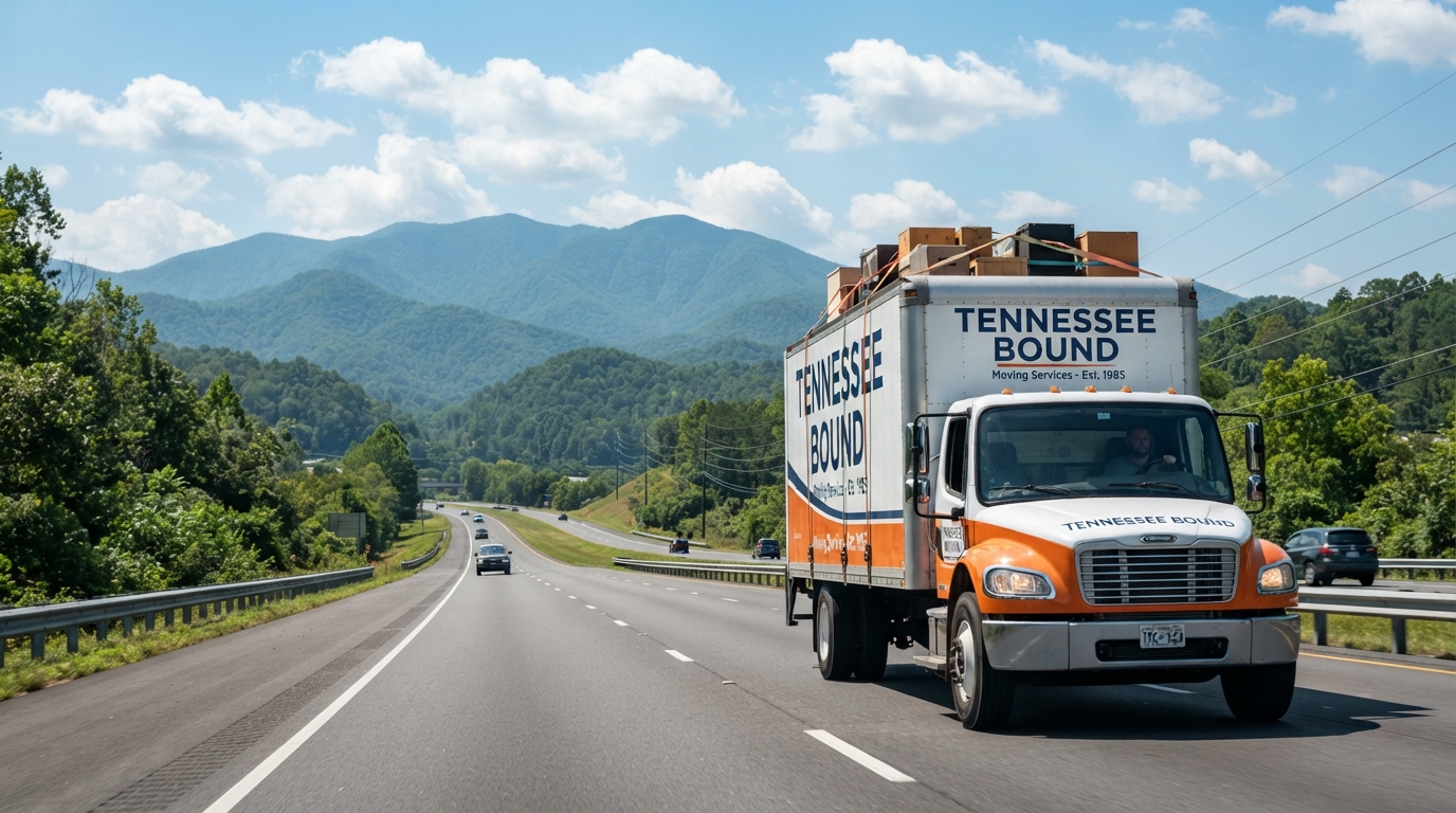 A Tennessee Bound moving truck traveling toward the mountains of East Tennessee.