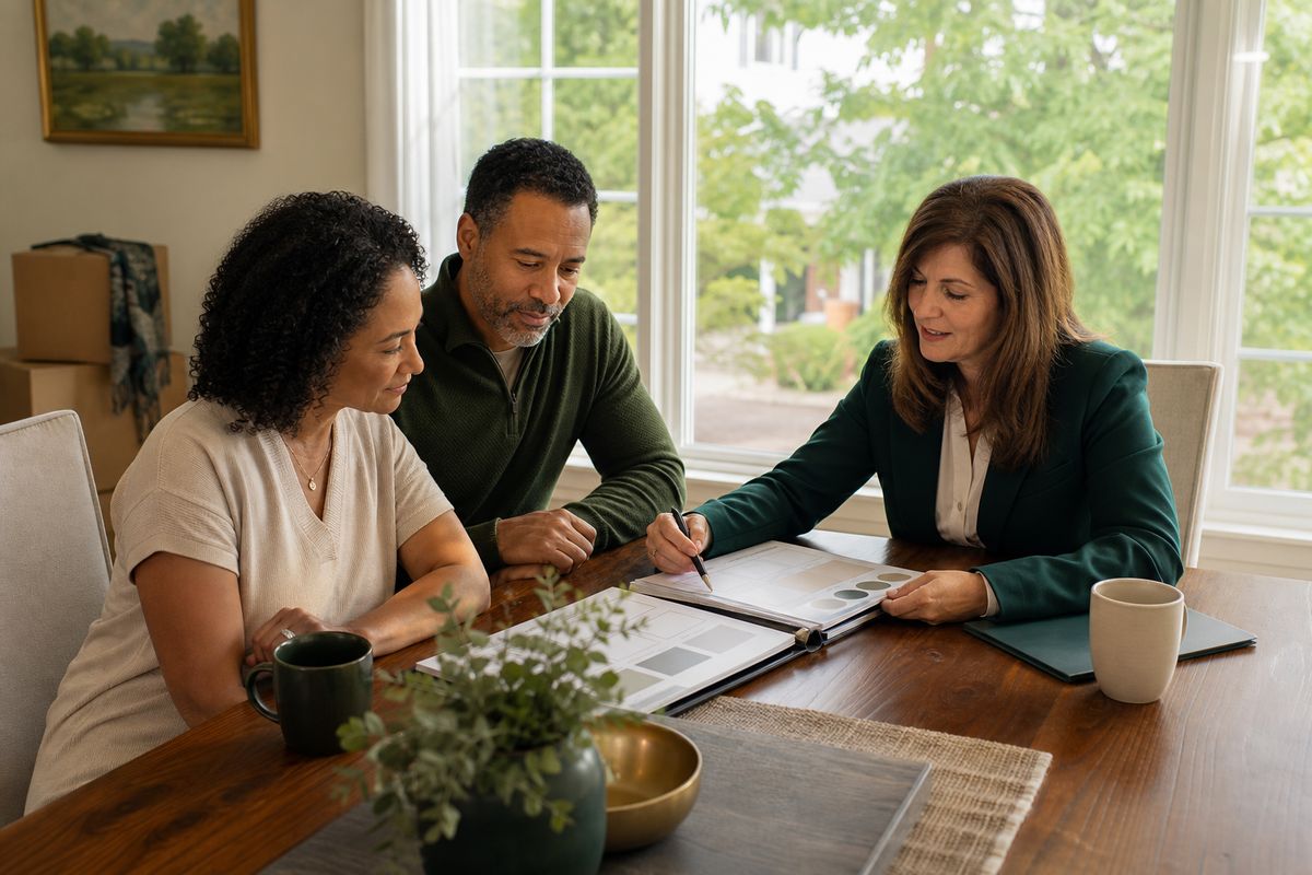 Homeowners reviewing the home-selling process with a real estate professional