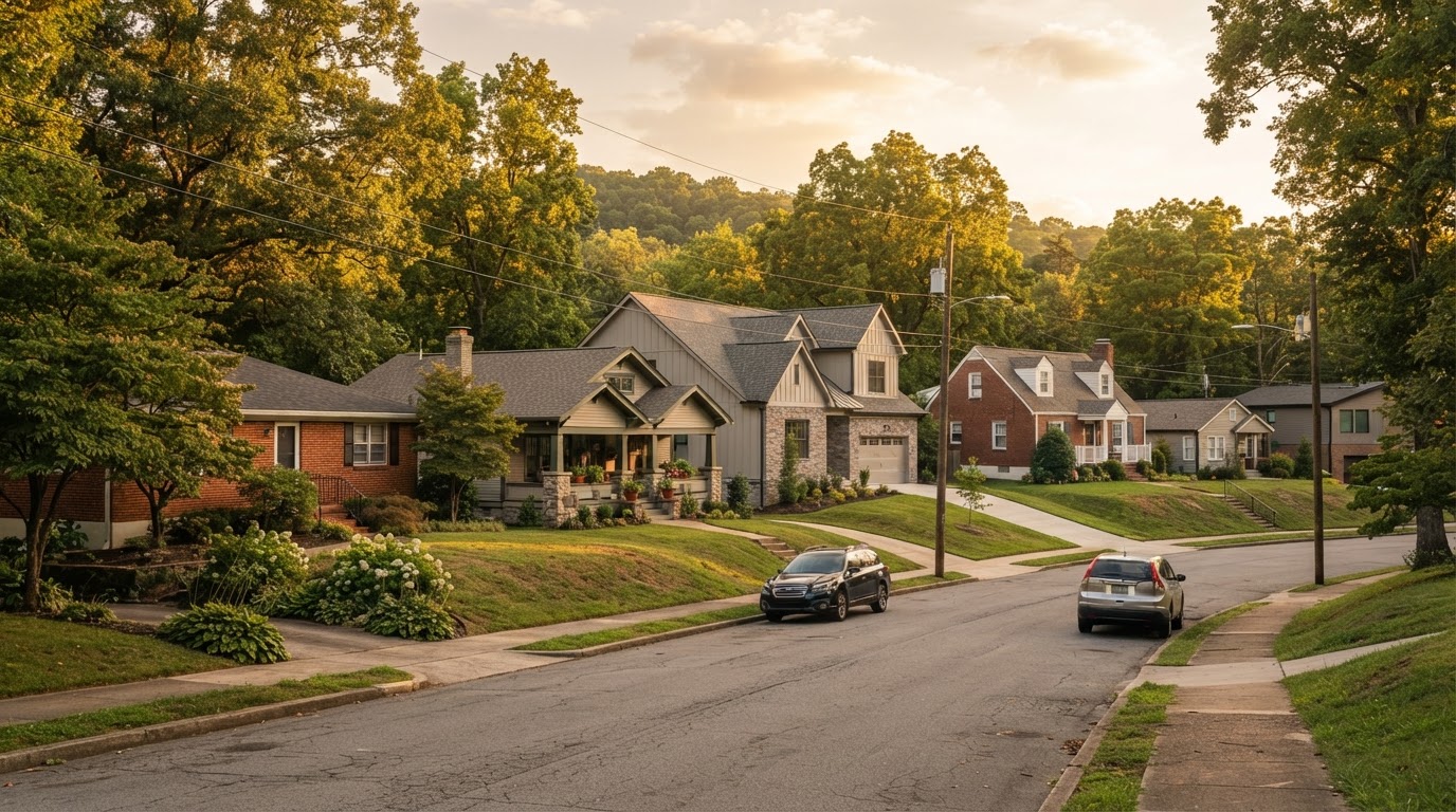 A Knoxville residential streetscape showing varied housing styles, mature trees and rolling terrain in East Tennessee