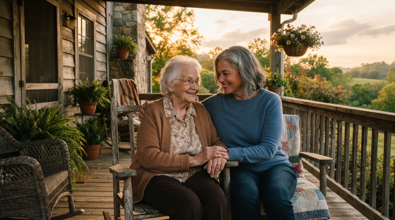 An adult child holding the hand of their elderly parent on a porch at golden hour