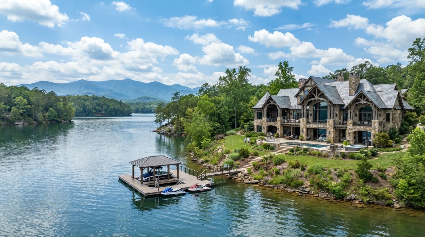 A lakefront luxury estate with a boat dock and waverunners on the water, blue sky with fluffy clouds in East Tennessee