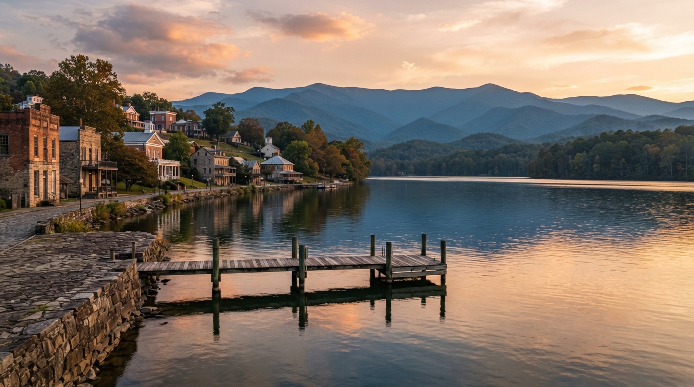 Historic Dandridge waterfront with Douglas Lake and mountains in Jefferson County, Tennessee.