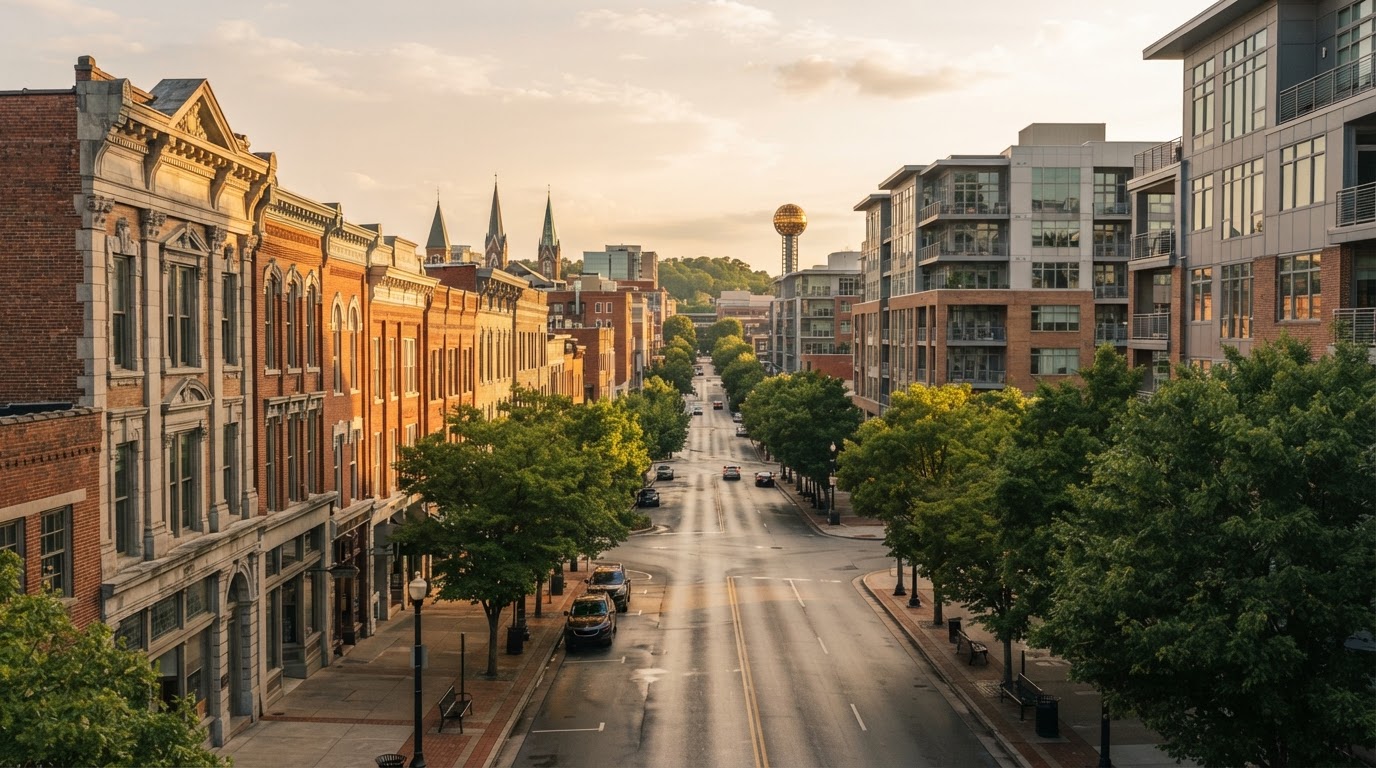 Historic and contemporary buildings in Downtown Knoxville near established central neighborhoods.
