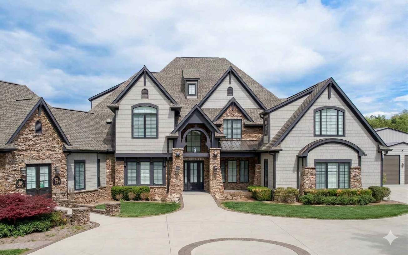 Craftsman stone and siding estate home with circular driveway in an established neighborhood