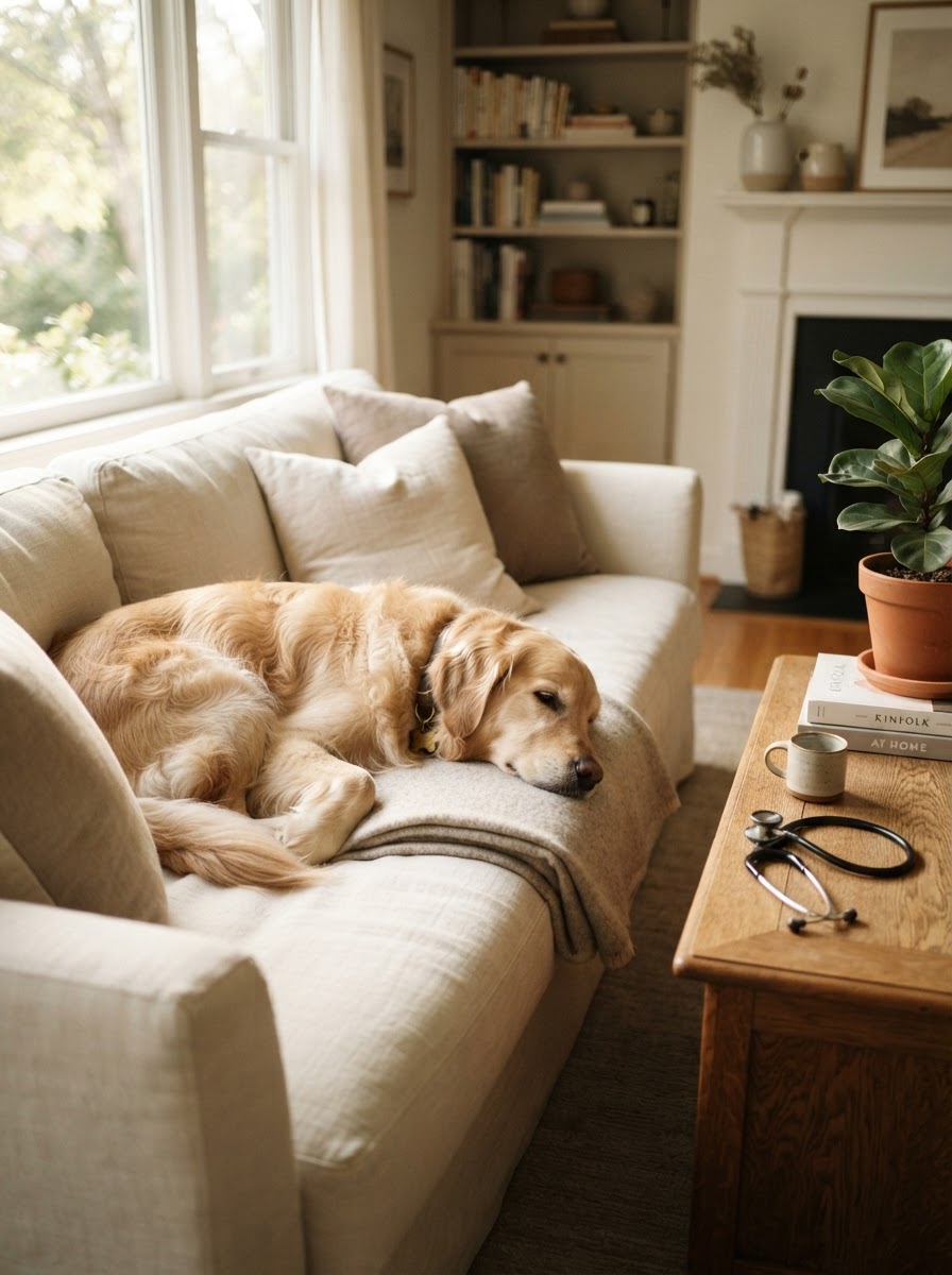 Golden retriever resting calmly on a sofa in a warm home setting