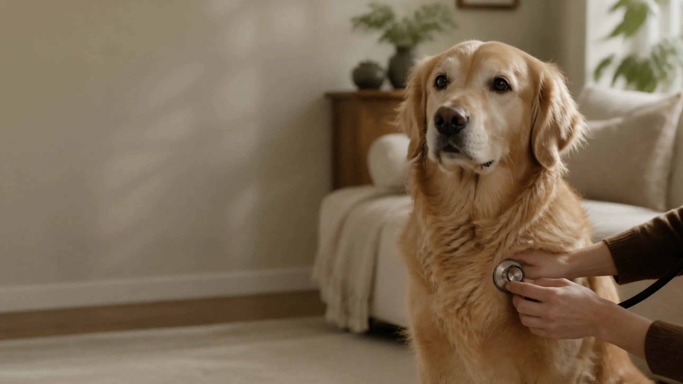 Golden retriever receiving a gentle in-home veterinary wellness examination.