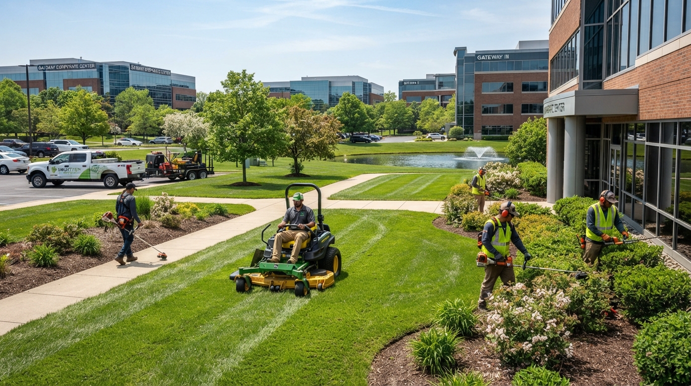 Commercial landscaping crew maintaining the grounds of a large office park with professional mowers and landscapers at work