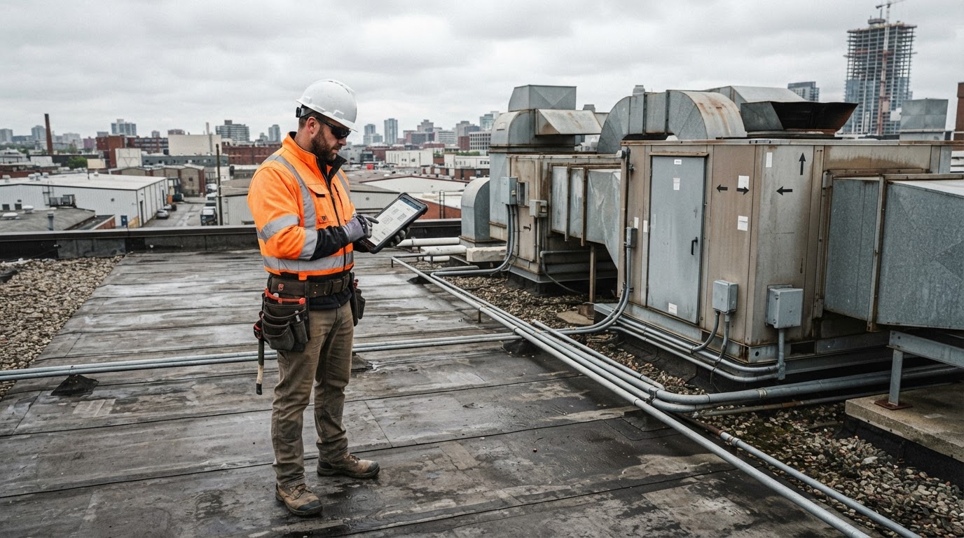 Commercial roofing contractor inspecting a flat commercial roof with HVAC units