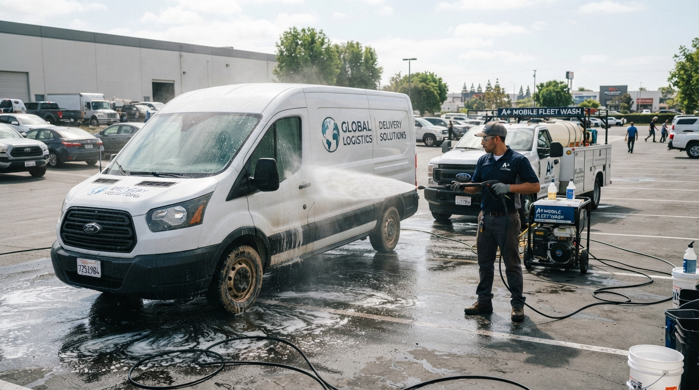 Mobile fleet detailing technician pressure washing a commercial delivery van in a parking lot