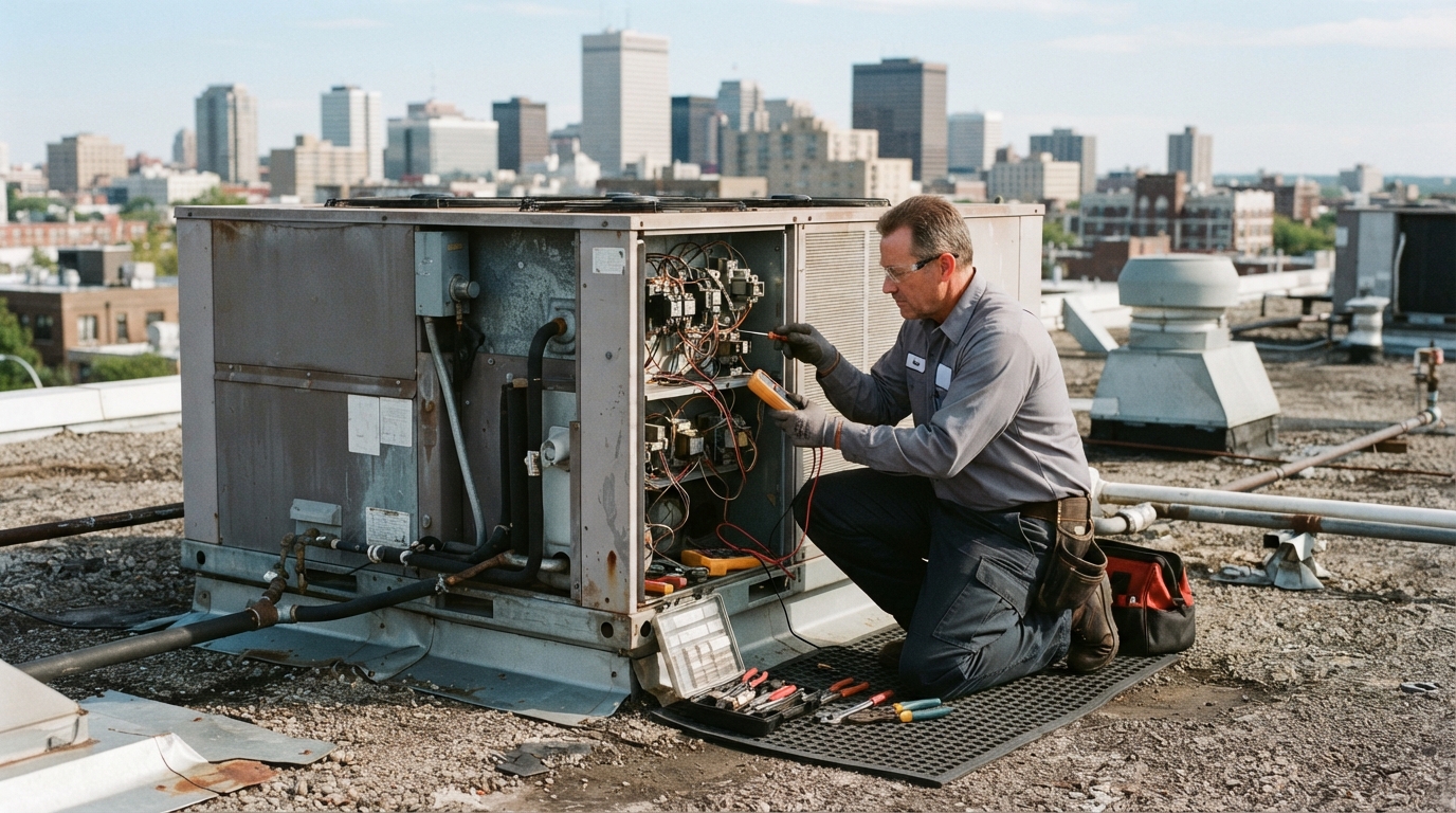 Commercial HVAC technician servicing a rooftop HVAC unit on a commercial building